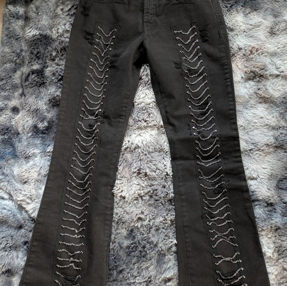 Vintage Versace Jeans Couture Chain Detail Black Distressed Jeans Size 28